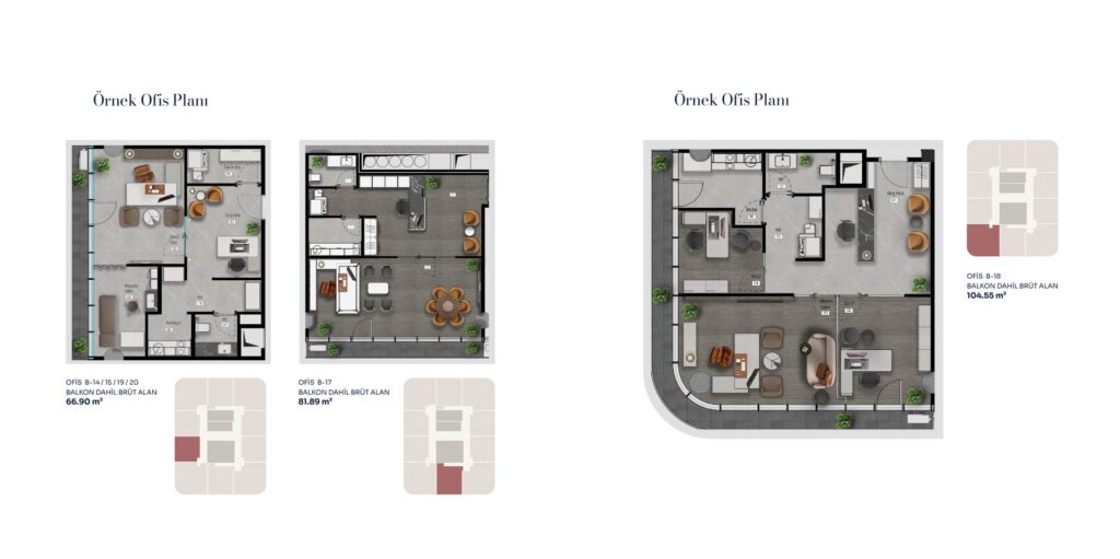 Vantage Office – 66,90 / 81,89 / 104,55 m² örnek ofis planları | Konutkent Emlak